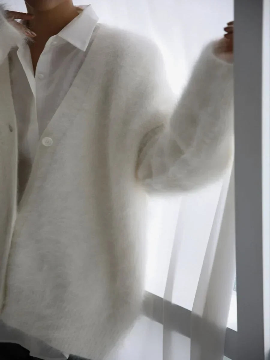 Fluffy Mohair-Look Cardigan – Oversized V-Neck Button-Down Knit