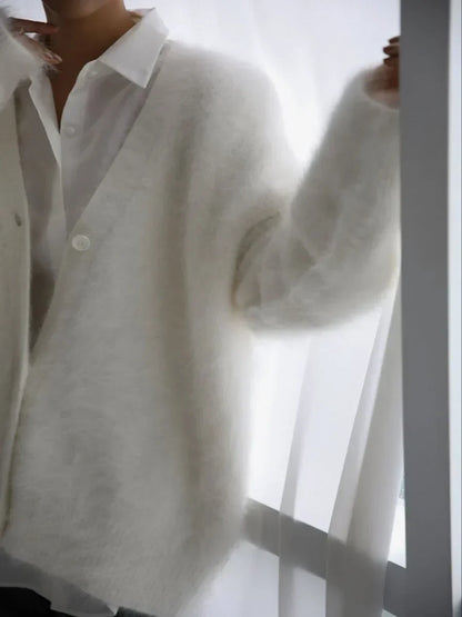 Fluffy Mohair-Look Cardigan – Oversized V-Neck Button-Down Knit