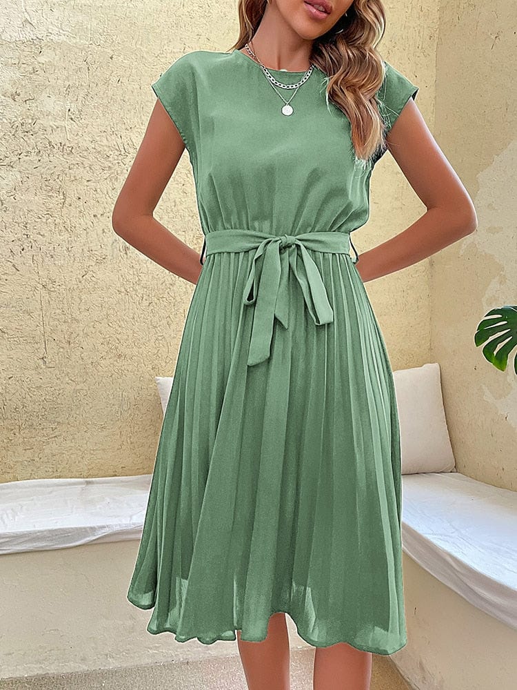 Women's Pleated Midi Dress – Sage Green Cap Sleeve Belted Summer Dress