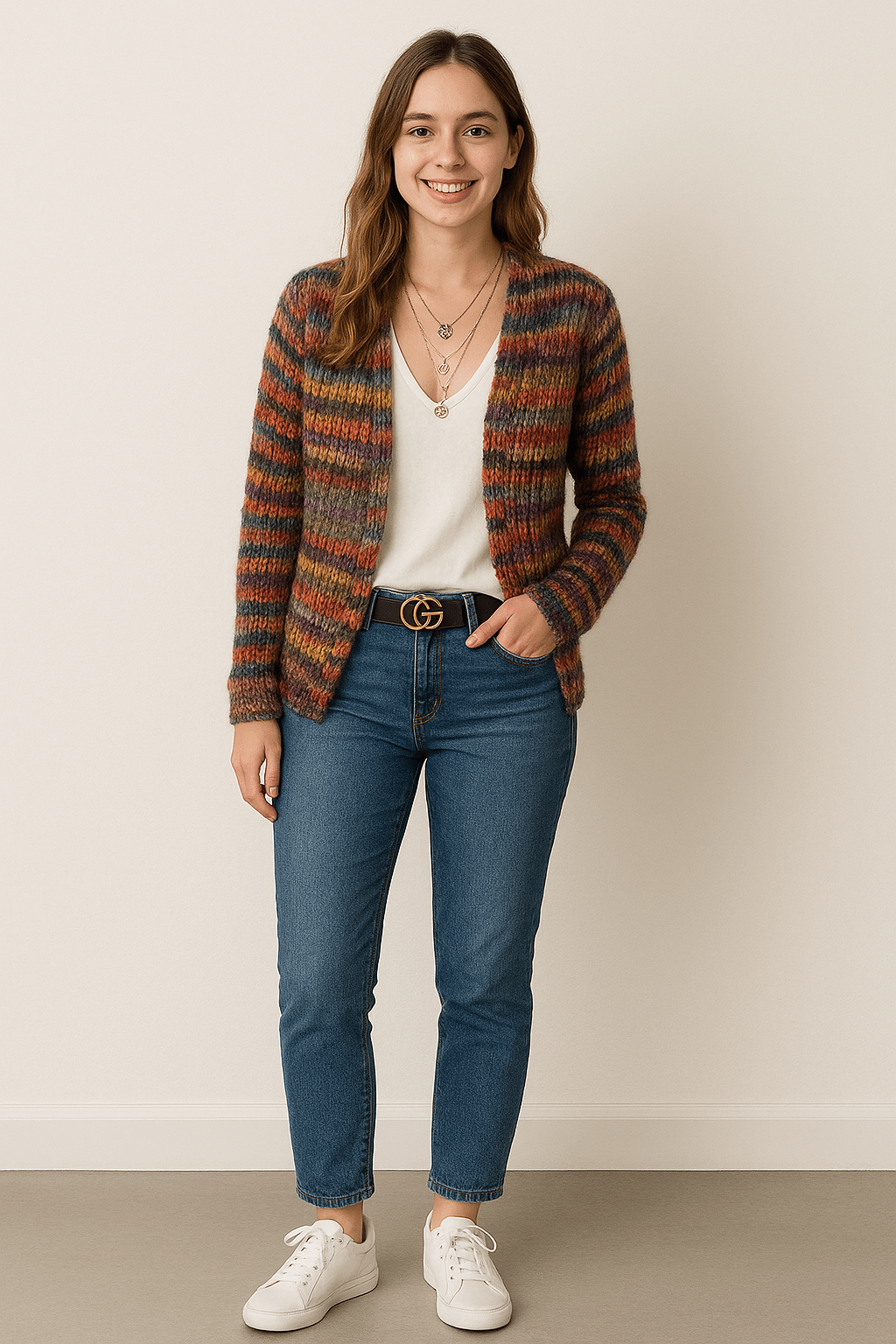 Multicolor Knit Open-Front Cardigan – Long Sleeve Space-Dye
