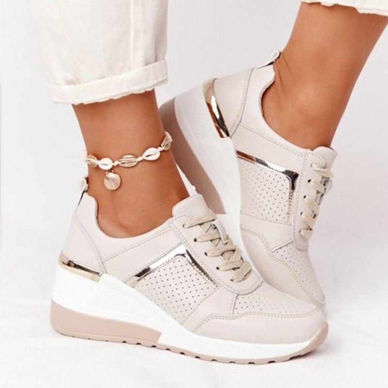 Women's Wedge Sneakers – Lace-Up Hidden Heel Platform Casual Shoe
