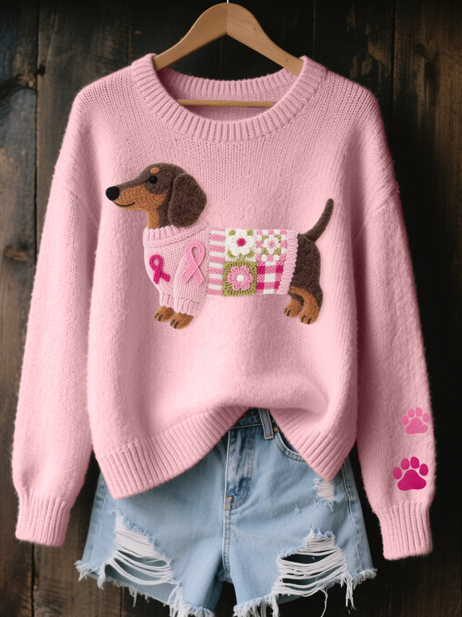 Dachshund Knit Sweater – Relaxed Crewneck Pullover Paw Detail
