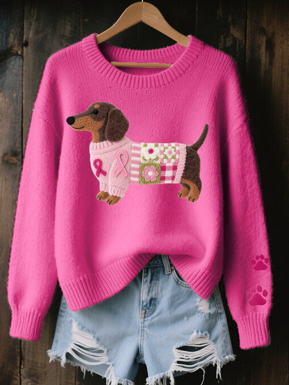 Dachshund Knit Sweater – Relaxed Crewneck Pullover Paw Detail