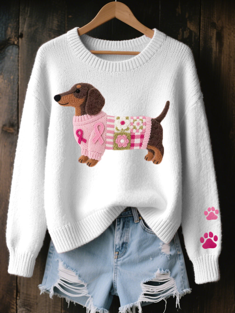 Dachshund Knit Sweater – Relaxed Crewneck Pullover Paw Detail