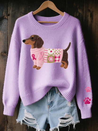 Dachshund Knit Sweater – Relaxed Crewneck Pullover Paw Detail