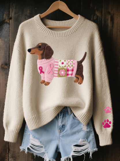 Dachshund Knit Sweater – Relaxed Crewneck Pullover Paw Detail