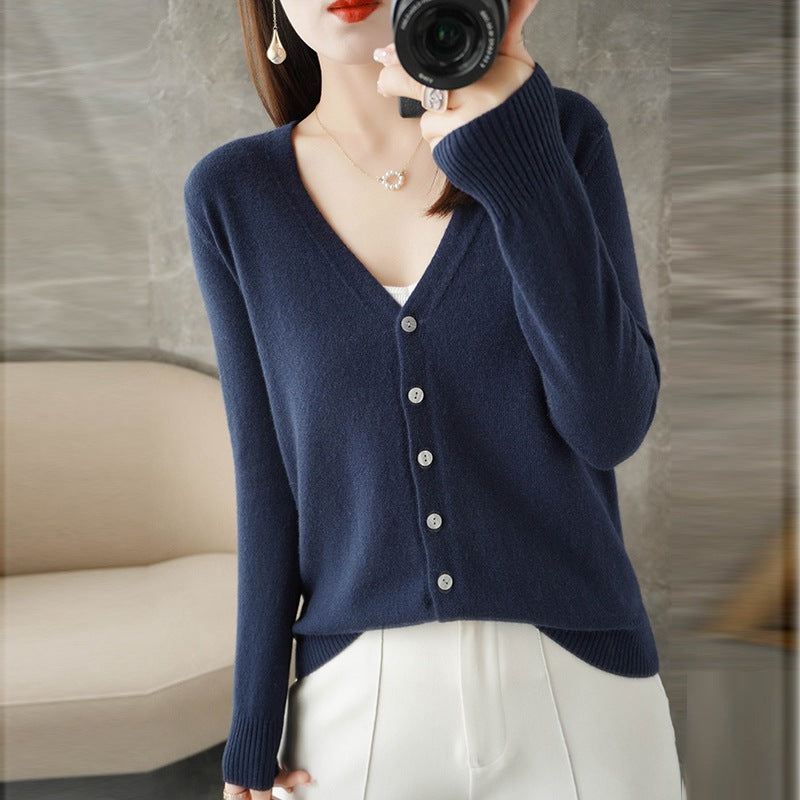 Knit V-Neck Cardigan – Button-Front Long Sleeve Layering Sweater