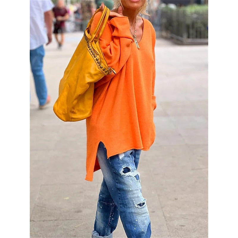 Oversized V-Neck Knit Pullover – Batwing Long Sleeve Side Slit Top