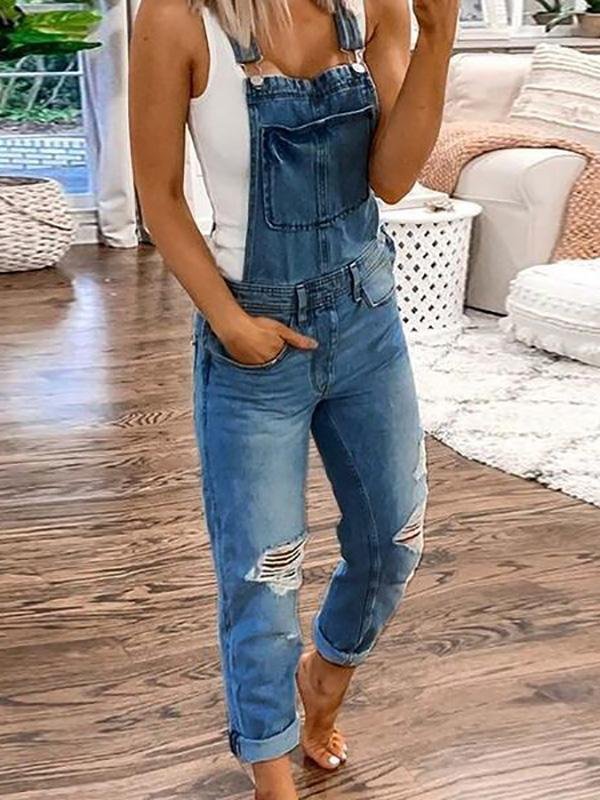 Ripped Denim Overalls – Women's Relaxed Fit Distressed Bib