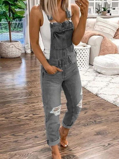 Ripped Denim Overalls – Women's Relaxed Fit Distressed Bib