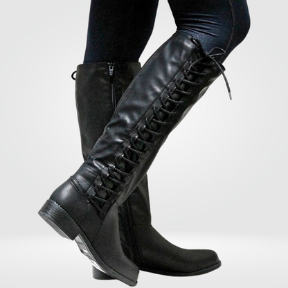 Lace-Up Knee High Boots – Side Zip Low Heel Riding Boots