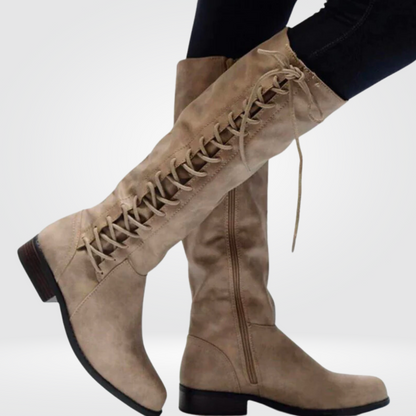Lace-Up Knee High Boots – Side Zip Low Heel Riding Boots