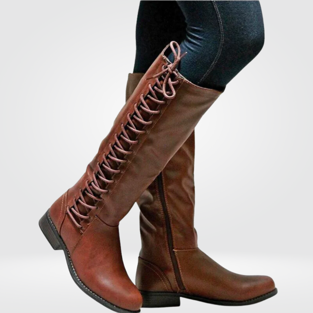 Lace-Up Knee High Boots – Side Zip Low Heel Riding Boots