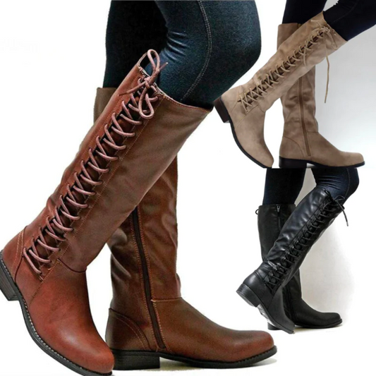 Lace-Up Knee High Boots – Side Zip Low Heel Riding Boots