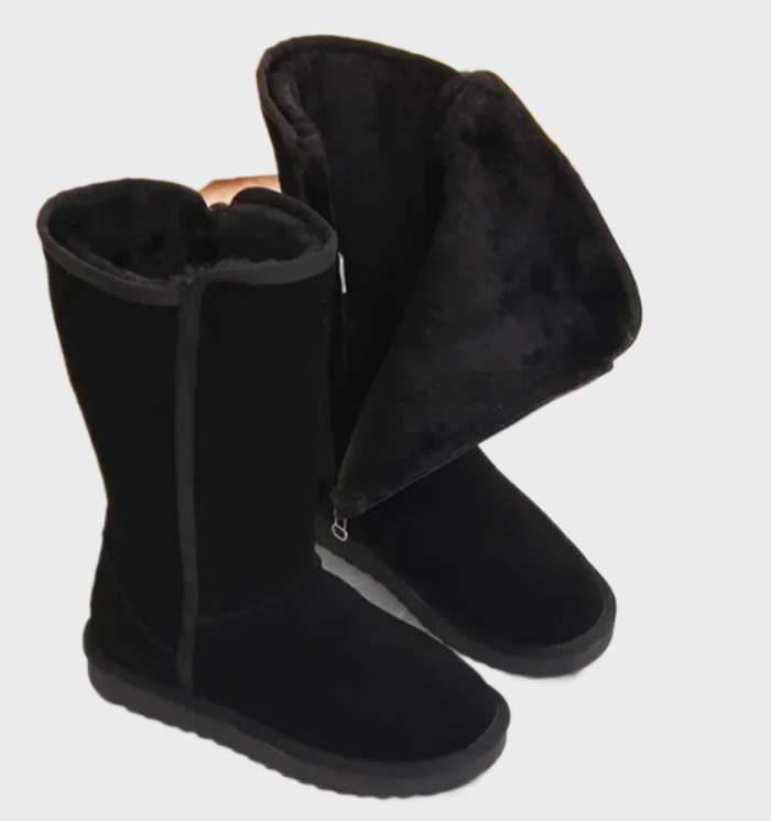 Tall Suede Sheepskin Boots – Zip-Up Winter Boots Shearling Lined