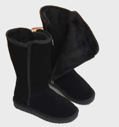 Tall Suede Sheepskin Boots – Zip-Up Winter Boots Shearling Lined