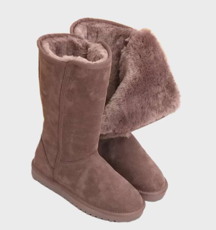 Tall Suede Sheepskin Boots – Zip-Up Winter Boots Shearling Lined