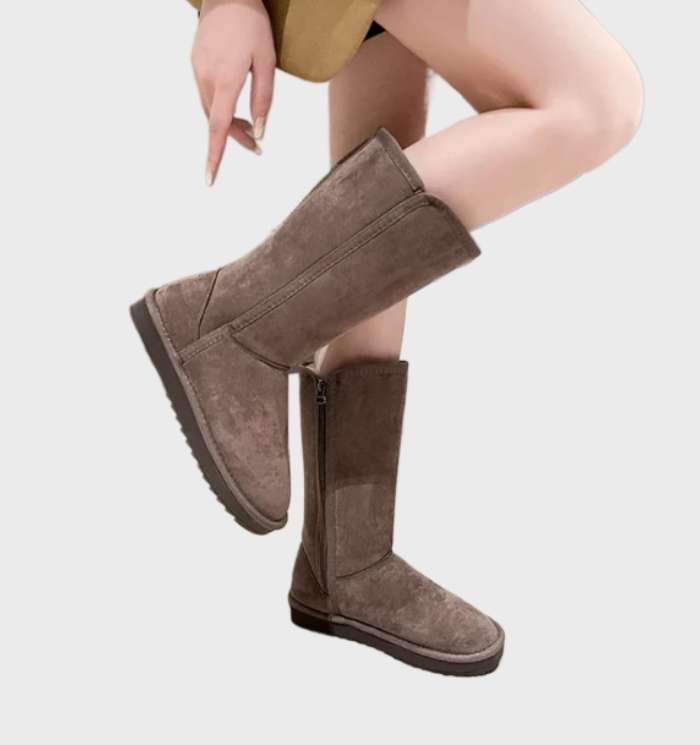 Tall Suede Sheepskin Boots – Zip-Up Winter Boots Shearling Lined