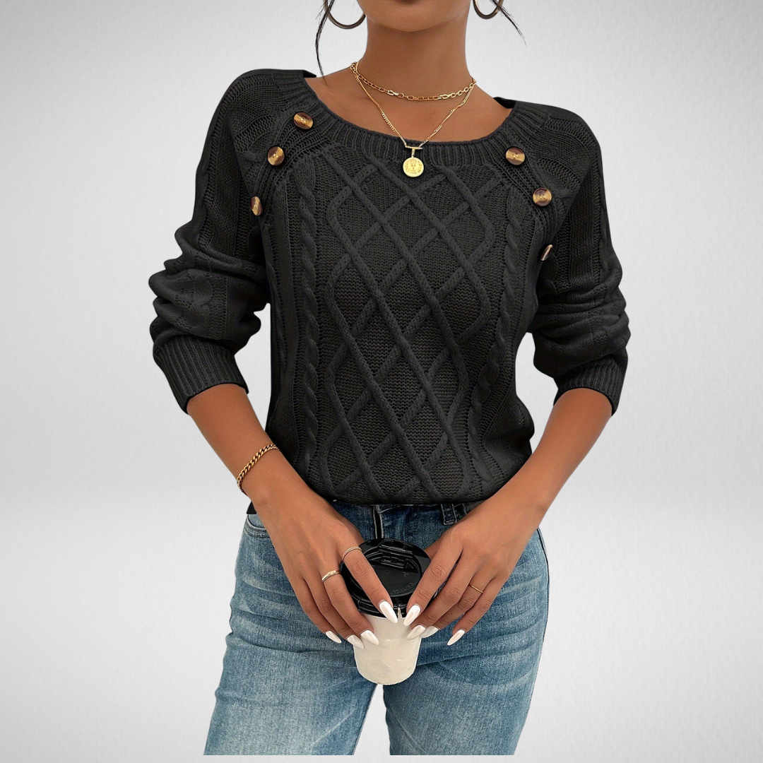Cable Knit Pullover Sweater – Round Neck Button Shoulder Detail