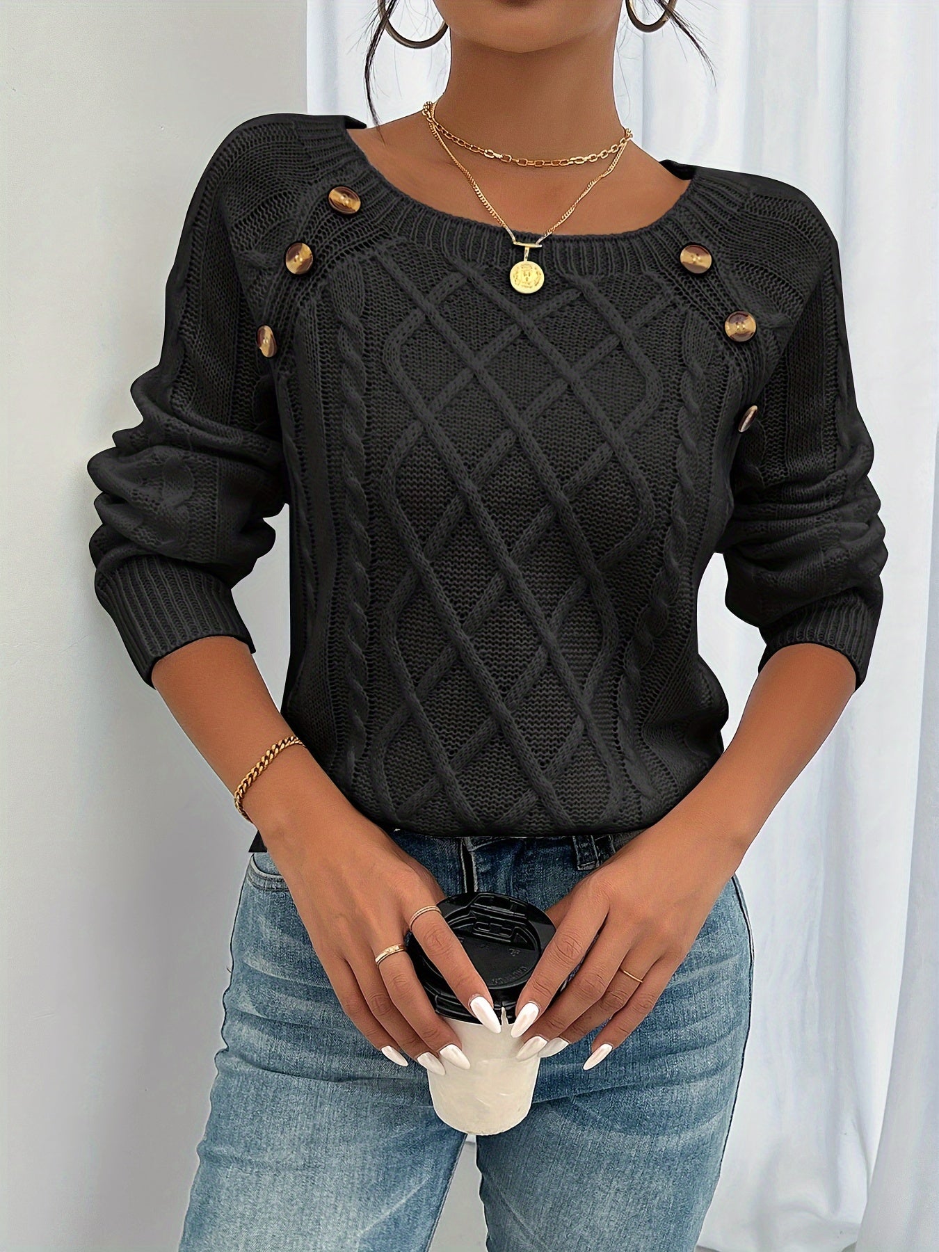 Cable Knit Pullover Sweater – Round Neck Button Shoulder Detail