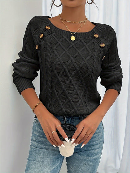 Cable Knit Pullover Sweater – Round Neck Button Shoulder Detail