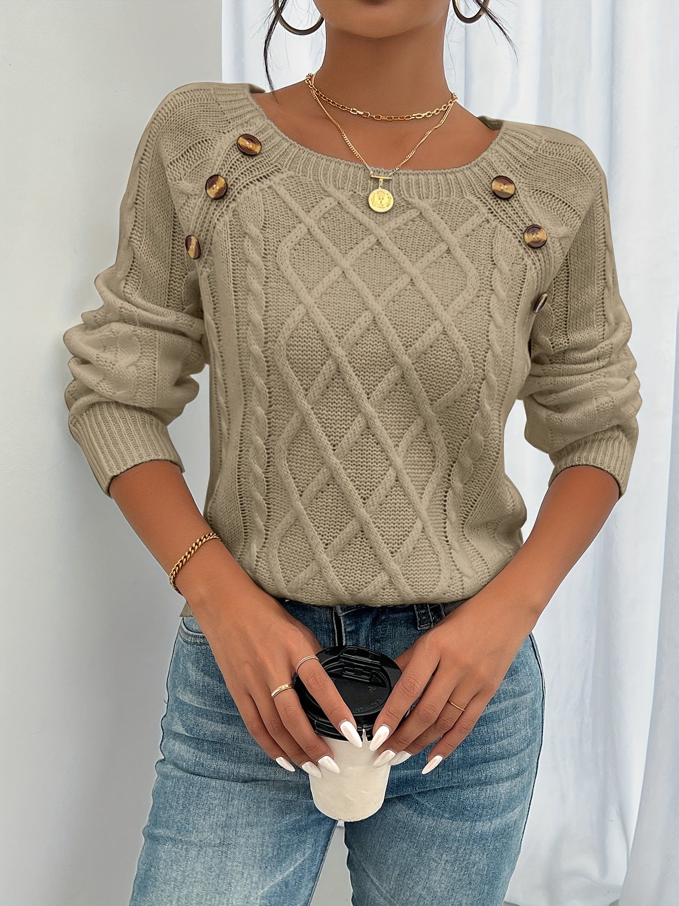 Cable Knit Pullover Sweater – Round Neck Button Shoulder Detail