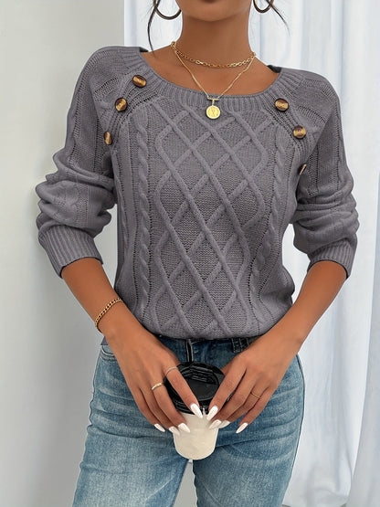 Cable Knit Pullover Sweater – Round Neck Button Shoulder Detail