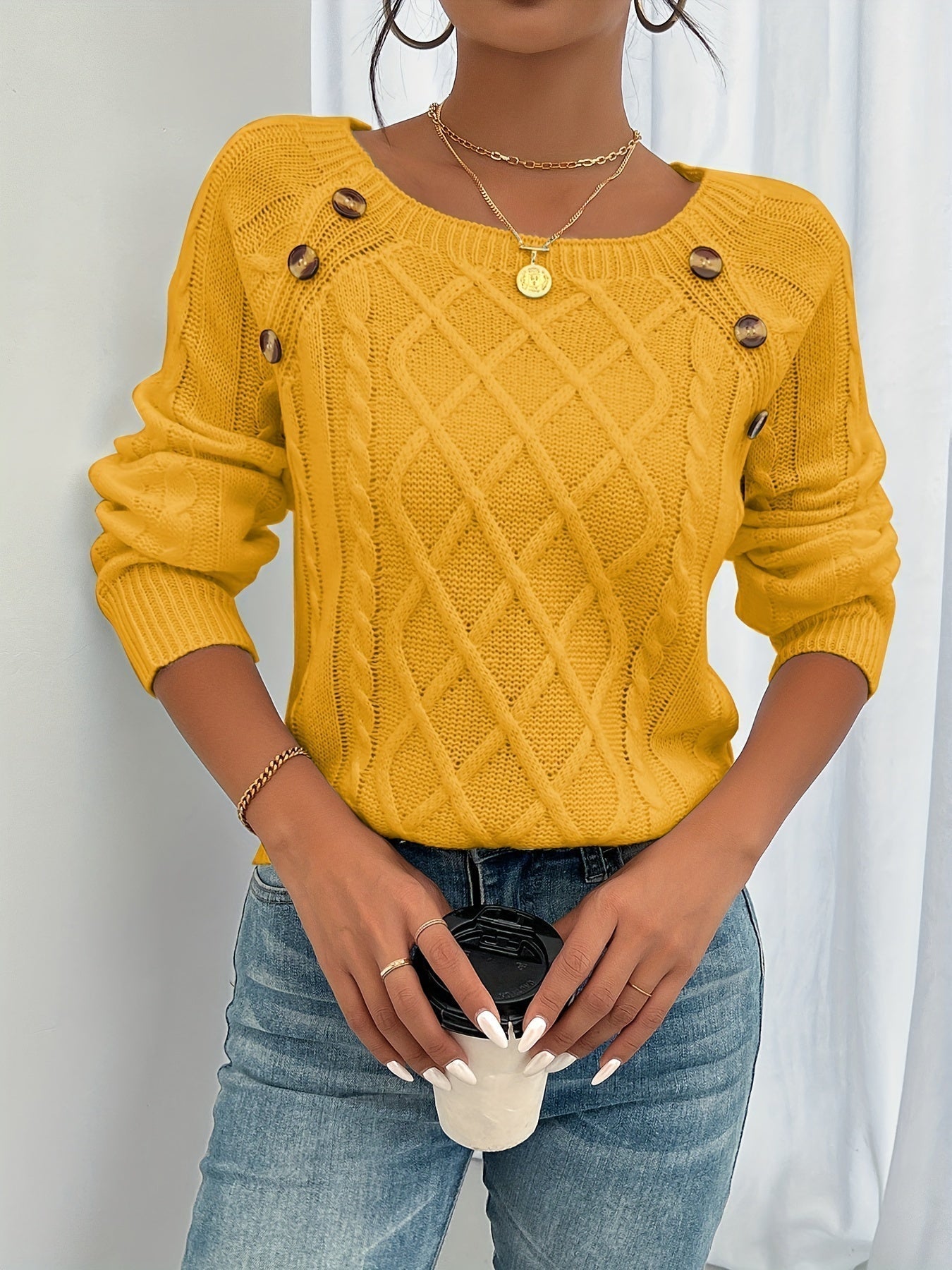 Cable Knit Pullover Sweater – Round Neck Button Shoulder Detail