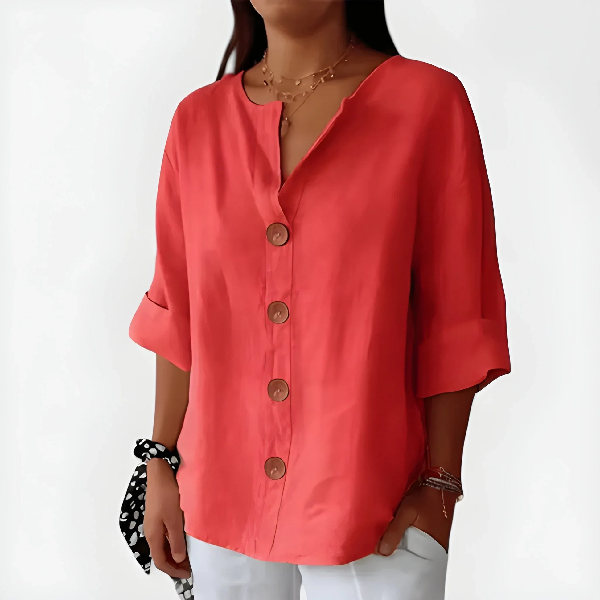 Women's V-Neck Button-Down Blouse – Loose Fit 3/4 Sleeve Summer Top