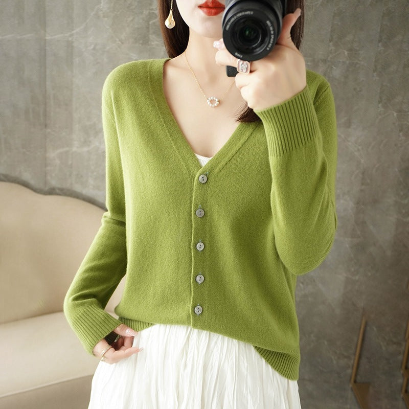 Knit V-Neck Cardigan – Button-Front Long Sleeve Layering Sweater