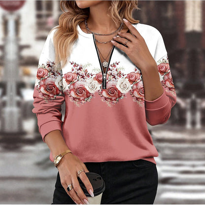 Floral Half-Zip Sweatshirt – Long Sleeve Color Block Pullover