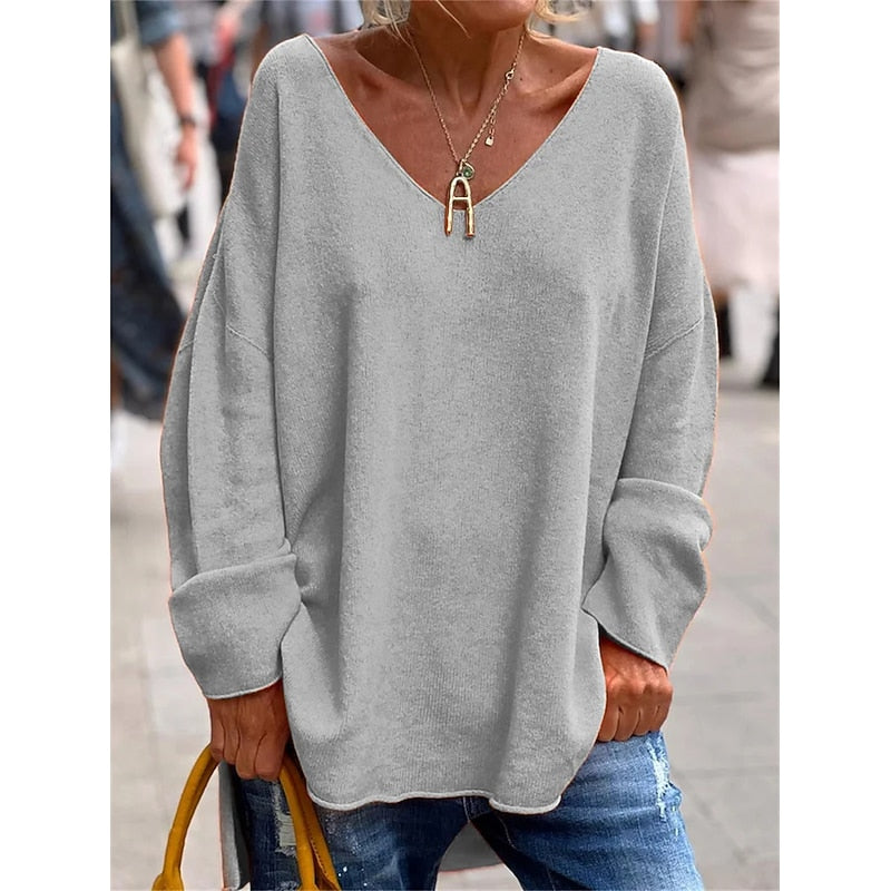Oversized V-Neck Knit Pullover – Batwing Long Sleeve Side Slit Top