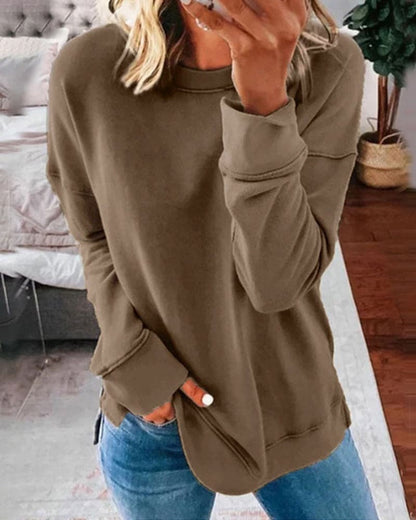 Women's Crewneck Pullover Sweatshirt – Relaxed Fit Long Sleeve with Side Slits