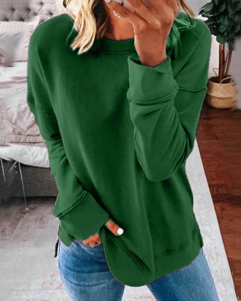 Women's Crewneck Pullover Sweatshirt – Relaxed Fit Long Sleeve with Side Slits