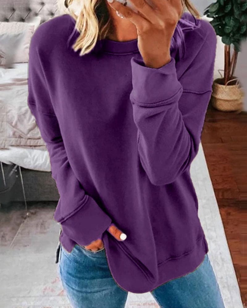Women's Crewneck Pullover Sweatshirt – Relaxed Fit Long Sleeve with Side Slits
