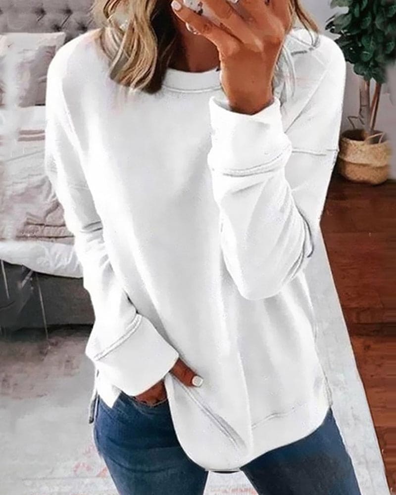 Women's Crewneck Pullover Sweatshirt – Relaxed Fit Long Sleeve with Side Slits