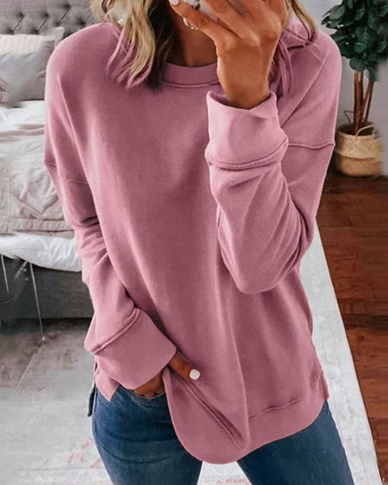 Women's Crewneck Pullover Sweatshirt – Relaxed Fit Long Sleeve with Side Slits