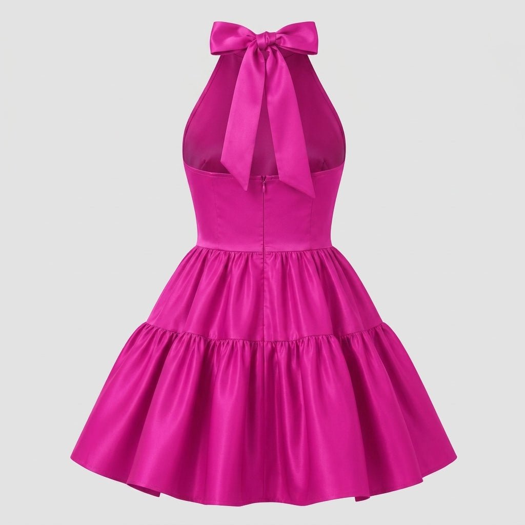 Satin Halter Mini Dress – Tiered Skirt Bow Back A-Line
