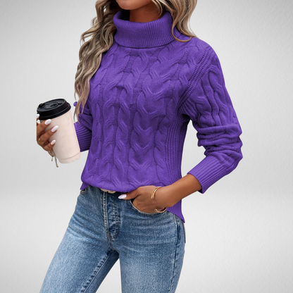 Cable Knit Turtleneck Sweater – Women's Chunky Fold-Over Collar Pullover