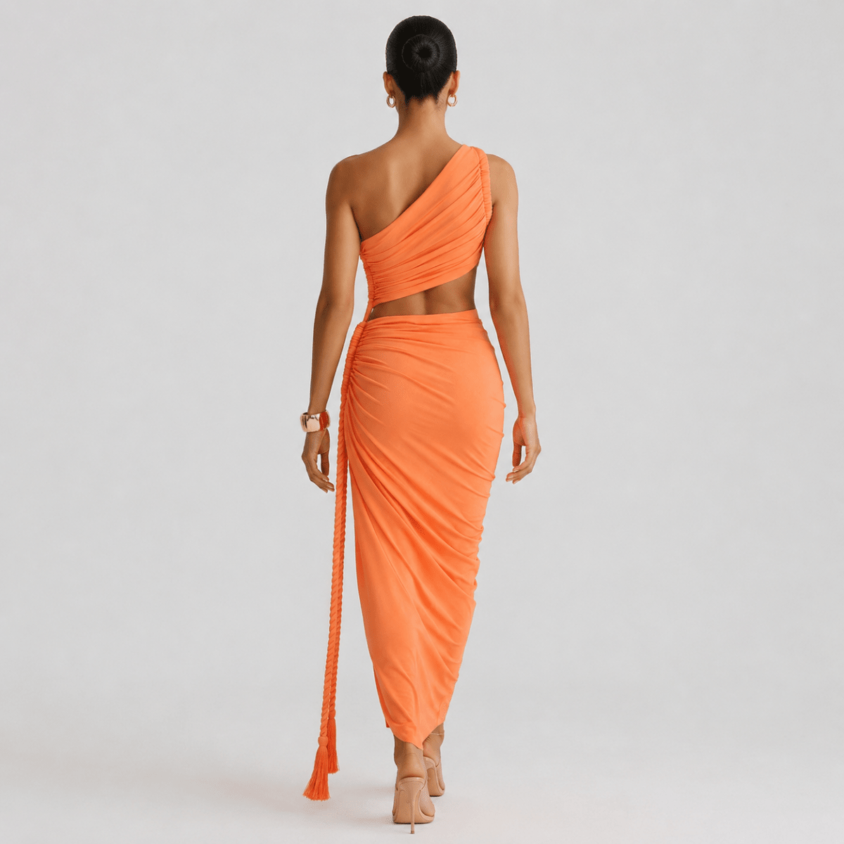 One Shoulder Ruched Maxi Dress – Cutout Waist Rope-Detail Jersey