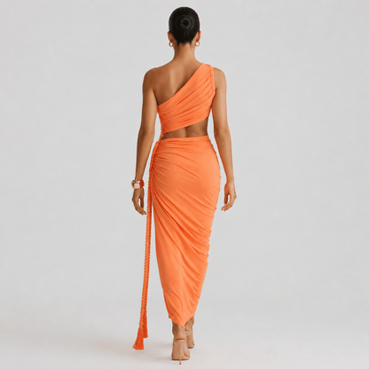 One Shoulder Ruched Maxi Dress – Cutout Waist Rope-Detail Jersey