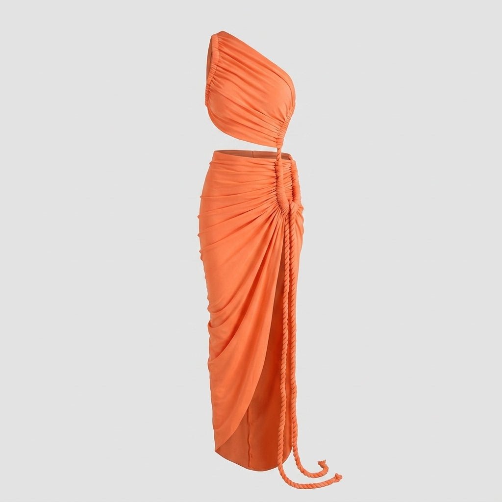 One Shoulder Ruched Maxi Dress – Cutout Waist Rope-Detail Jersey