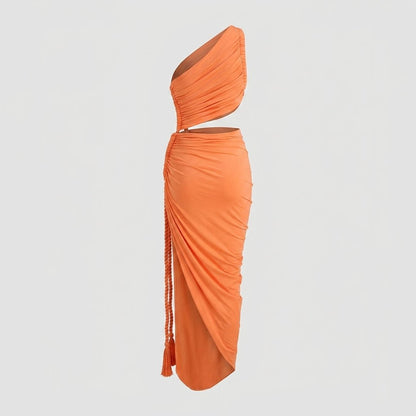 One Shoulder Ruched Maxi Dress – Cutout Waist Rope-Detail Jersey