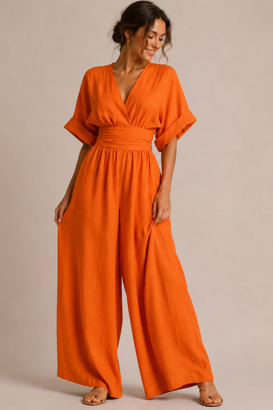 Wide-Leg Wrap Jumpsuit – V-Neck High-Waist Kimono Sleeve