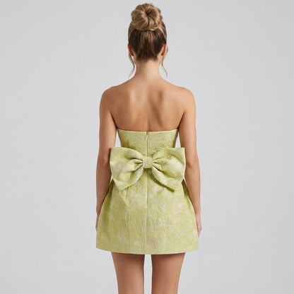 Jacquard Strapless Mini Dress – Bow Back A-Line Cocktail Dress