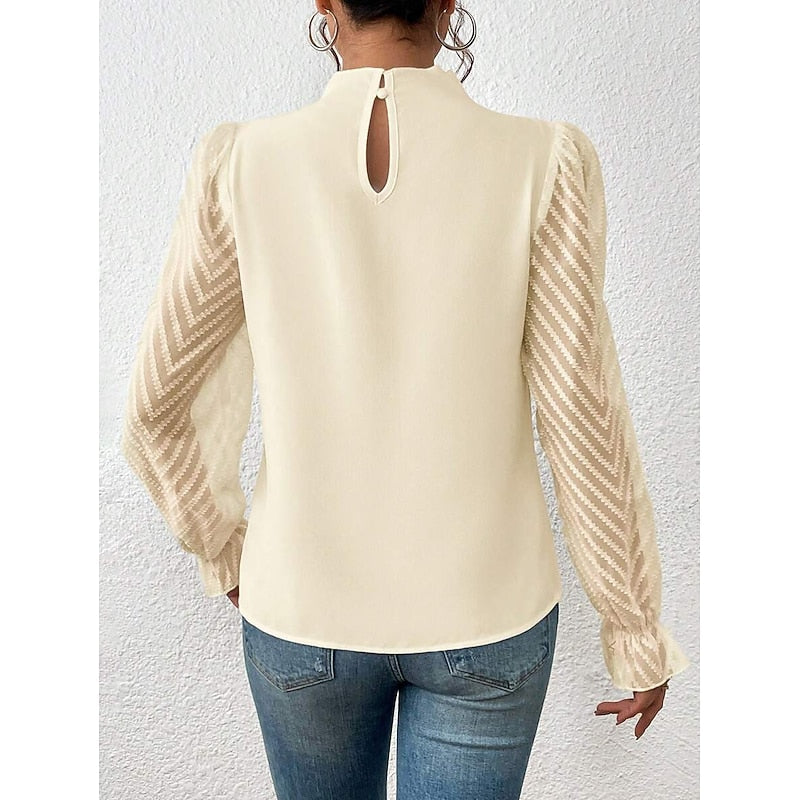 Pleated Mock Neck Blouse – Sheer Lace Sleeve Long Sleeve Top