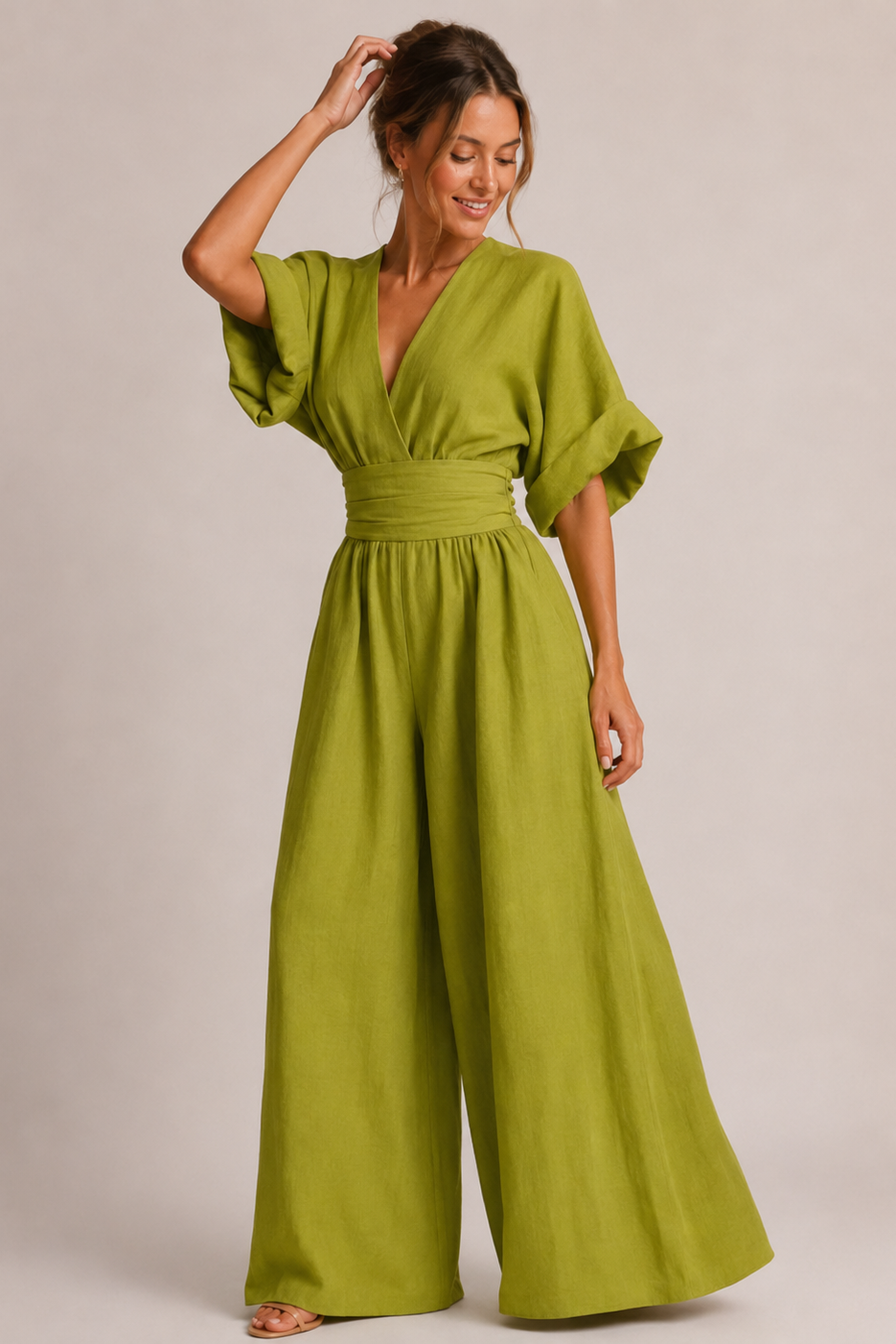 Wide-Leg Wrap Jumpsuit – V-Neck High-Waist Kimono Sleeve