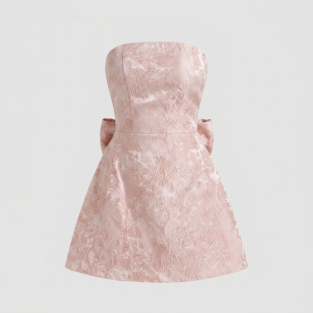 Jacquard Strapless Mini Dress – Bow Back A-Line Cocktail Dress