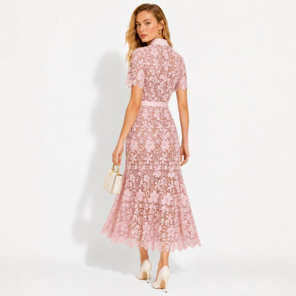 Floral Lace Midi Shirt Dress – Belted Button-Front Collared