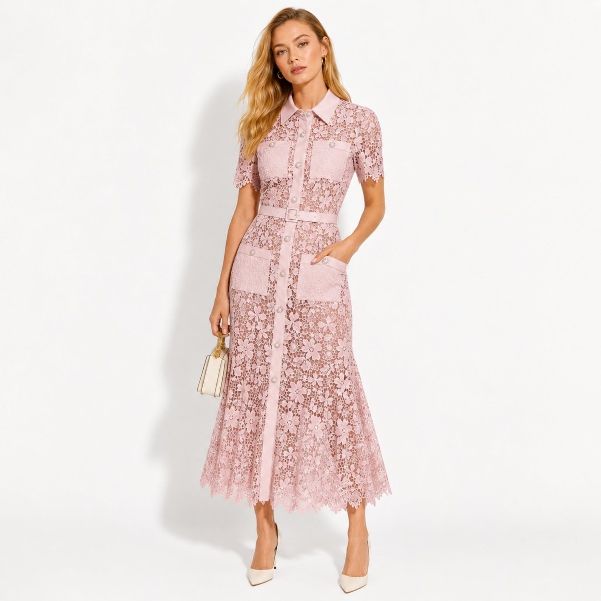 Floral Lace Midi Shirt Dress – Belted Button-Front Collared